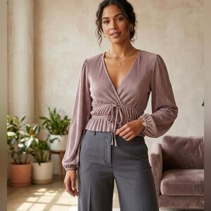 ZARA Elegant Latte Colored metallic Tan With Mauve Undertones V-Neck Women's Top